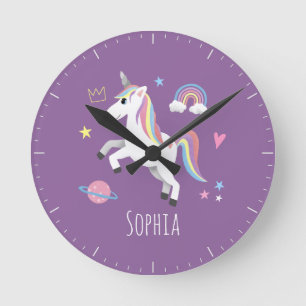 ガールズキュートパープルマジカルユニコーンキッズ子供部屋 ラウンド壁時計