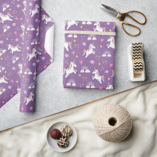 ガールズキュートパープルユニコーンパターン子供の誕生日 ラッピングペーパー (クラフト)