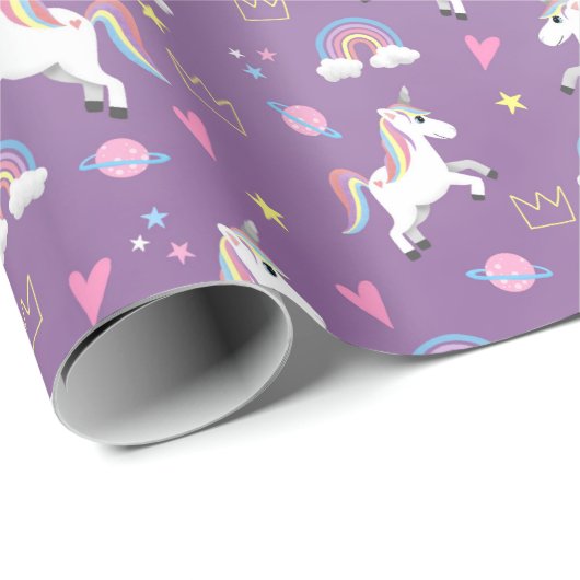 ガールズキュートパープルユニコーンパターン子供の誕生日 ラッピングペーパー (ロールコーナー)