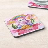 ガールズキュートパープルユニコーンレインボー名前をカスタムする コースター (左側)