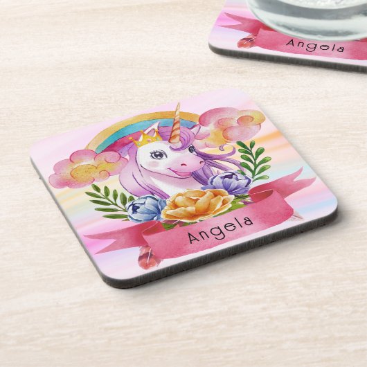 ガールズキュートパープルユニコーンレインボー名前をカスタムする コースター (左側)