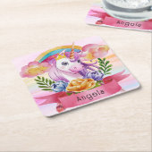 ガールズキュートパープルユニコーンレインボー名前をカスタムする スクエアペーパーコースター (アングル)
