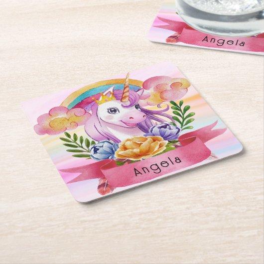 ガールズキュートパープルユニコーンレインボー名前をカスタムする スクエアペーパーコースター (アングル)