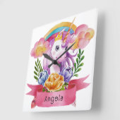 ガールズキュートパープルユニコーンレインボー名前をカスタムする スクエア壁時計 (傾斜)