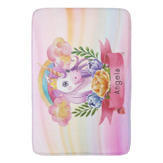 ガールズキュートパープルユニコーンレインボー名前をカスタムする バスマット (正面縦)