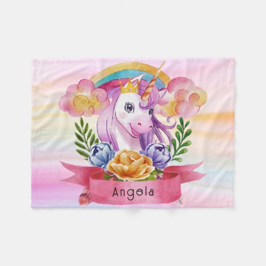 ガールズキュートパープルユニコーンレインボー名前をカスタムする フリースブランケット (正面(横))