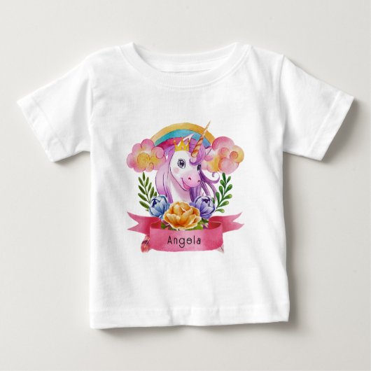 ガールズキュートパープルユニコーンレインボー名前をカスタムする ベビーTシャツ (正面)