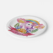 ガールズキュートパープルユニコーンレインボー名前をカスタムする ペーパープレート (アングル)