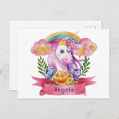 ガールズキュートパープルユニコーンレインボー名前をカスタムする ポストカード (正面/裏面)