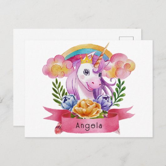 ガールズキュートパープルユニコーンレインボー名前をカスタムする ポストカード (正面/裏面)