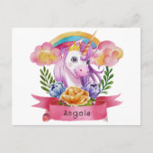 ガールズキュートパープルユニコーンレインボー名前をカスタムする ポストカード (正面)