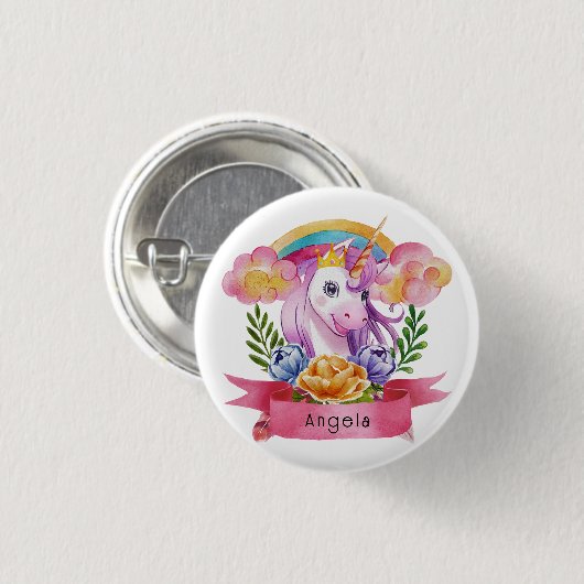 ガールズキュートパープルユニコーンレインボー名前をカスタムする 缶バッジ (正面&裏面)