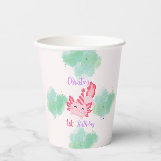 ガールズキュートピンクアクソロトルファースト誕生日紙カップ 紙コップ (正面)