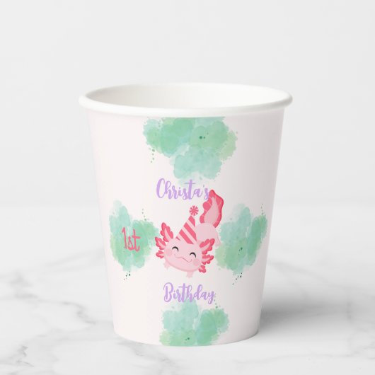 ガールズキュートピンクアクソロトルファースト誕生日 紙コップ (正面)