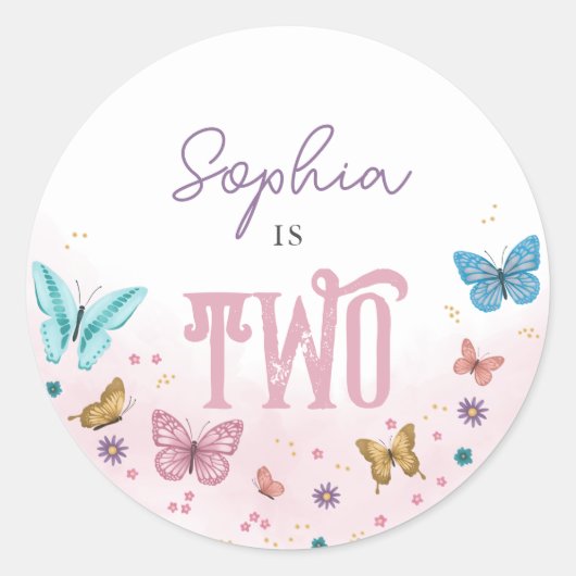 ガールズキュートピンクウォーターカラーバタフライ子供の誕生日 ラウンドシール (正面)