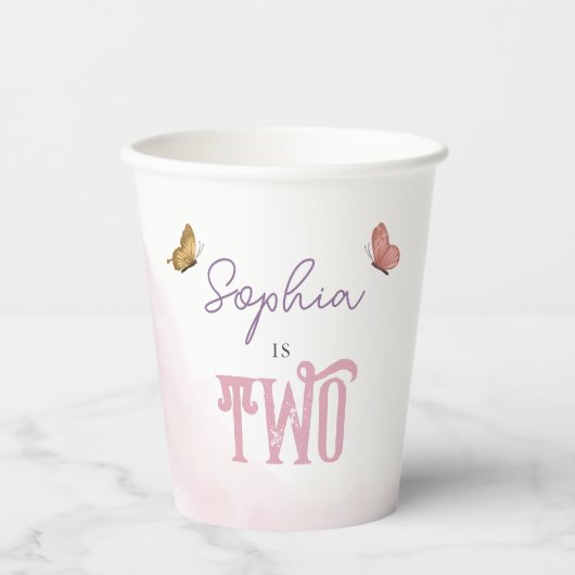 ガールズキュートピンクウォーターカラーバタフライ子供の誕生日 紙コップ (正面)