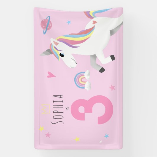 ガールズキュートピンクガーリーユニコーン子供の誕生日 横断幕 (縦)