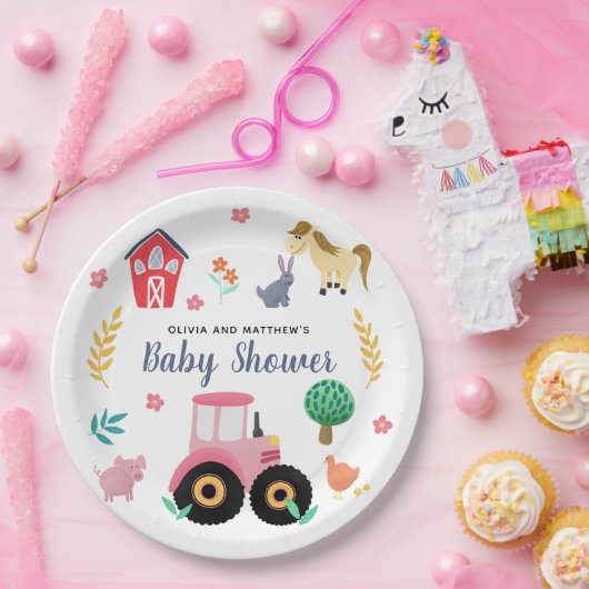 ガールズキュートピンクファームトラクターベビーシャワー ペーパープレート (パーティー)