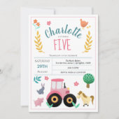 ガールズキュートピンクフ素朴ァームトラクター誕生日 招待状 (正面)