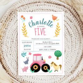 ガールズキュートピンクフ素朴ァームトラクター誕生日 招待状