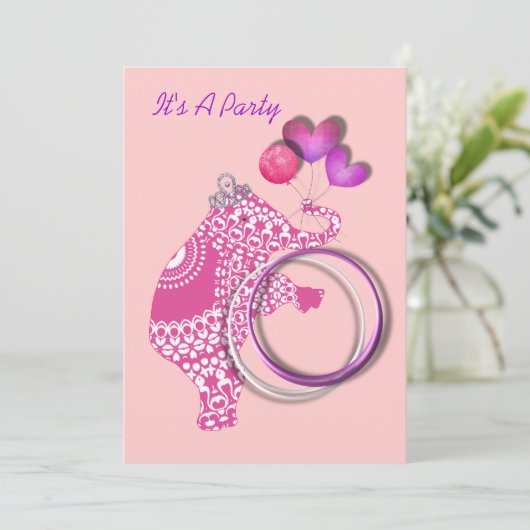 ガールズキュートピンクプリンセスエレファントパーティの招待状 招待状 (スタンド正面)