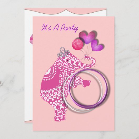 ガールズキュートピンクプリンセスエレファントパーティの招待状 招待状 (正面/裏面)