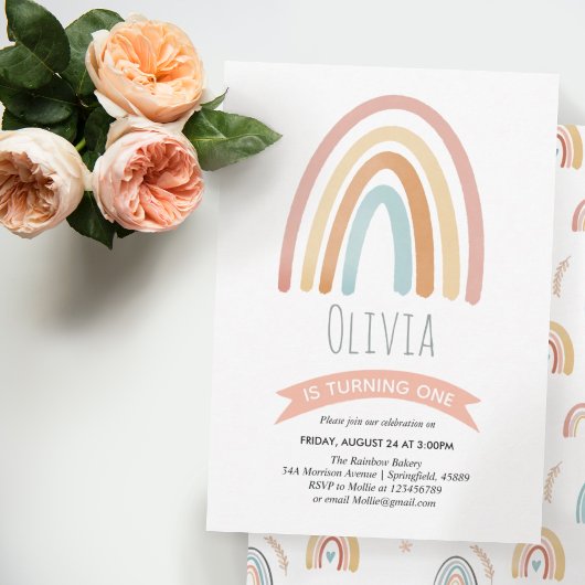 ガールズキュートピンクボホレインボーファースト誕生日 招待状