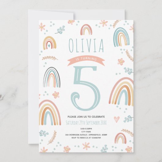 ガールズキュートピンクボホレインボーフローラ誕生日 招待状 (正面)