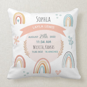 ガールズキュートピンクレインボー誕生統計ベビー子供部屋 クッション