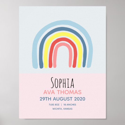 ガールズキュートピンクレインボー誕生統計ベビー子供部屋 ポスター (正面)