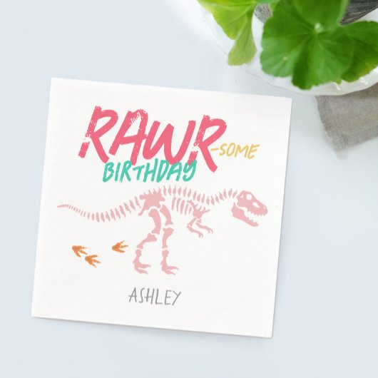 ガールズキュートピンク恐竜ディグ子供の誕生日 スタンダードカクテルナプキン