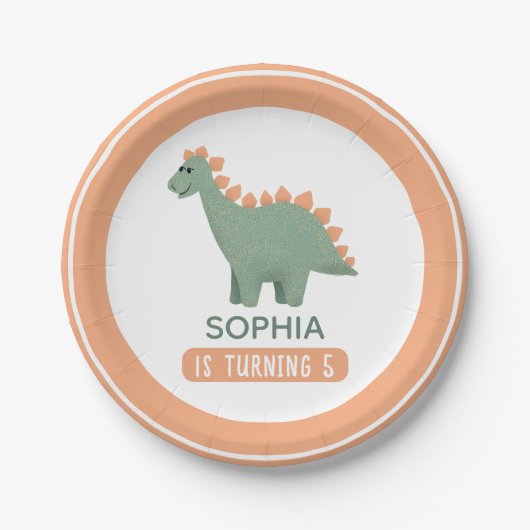 ガールズキュートピンク恐竜子供の誕生日 ペーパープレート (正面)