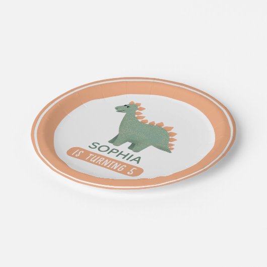 ガールズキュートピンク恐竜子供の誕生日 ペーパープレート (アングル)