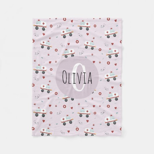 ガールズキュートピンク救急医療隊員救急車パターンキッズ フリースブランケット (正面)