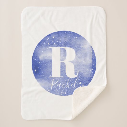 ガールズキュートブルーモノグラムウォーターカラー銀河系&ネーム シェルパブランケット (正面)