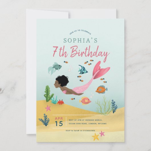 ガールズキュートマジカルアフロマーメイド7誕生日 招待状 (正面)