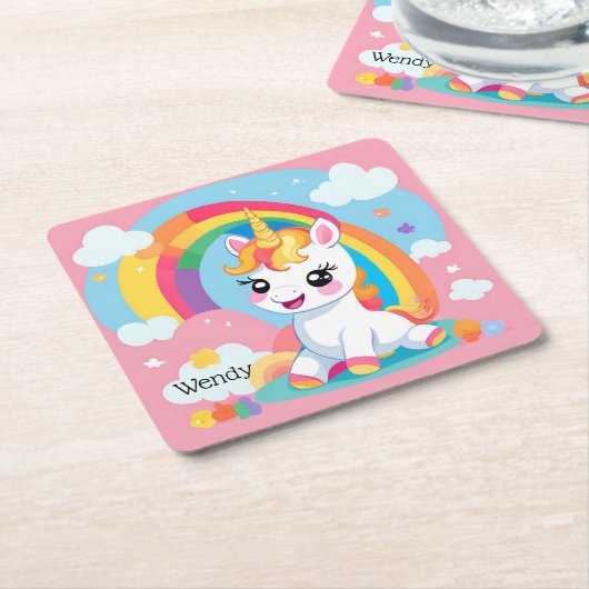 ガールズキュートユニコーンレインボー名前をカスタムする スクエアペーパーコースター (アングル)