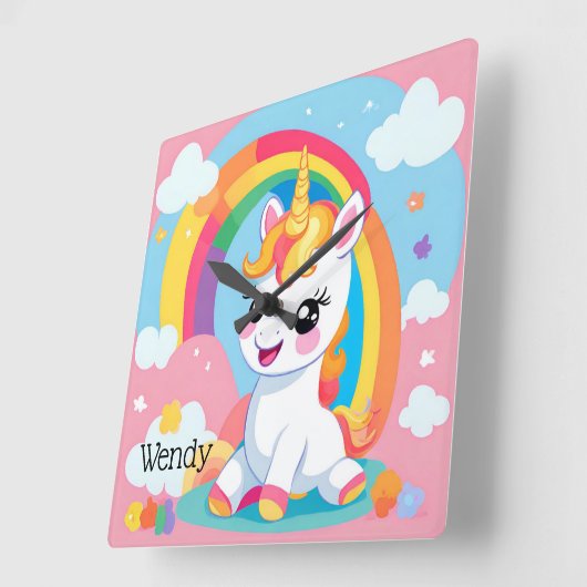 ガールズキュートユニコーンレインボー名前をカスタムする スクエア壁時計 (傾斜)