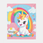 ガールズキュートユニコーンレインボー名前をカスタムする フリースブランケット (正面)