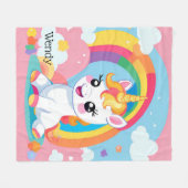 ガールズキュートユニコーンレインボー名前をカスタムする フリースブランケット (正面(横))