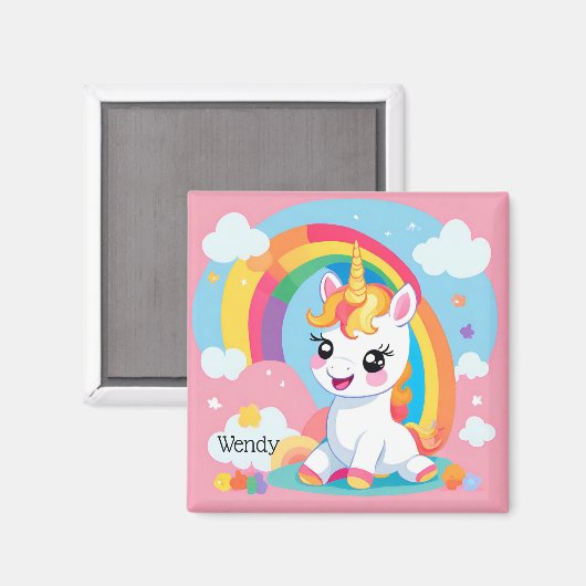 ガールズキュートユニコーンレインボー名前をカスタムする マグネット (正面/裏面)