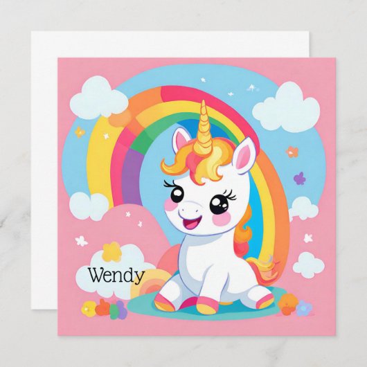 ガールズキュートユニコーンレインボー名前をカスタムする 招待状 (正面/裏面)