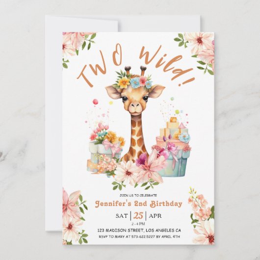ガールズキリン2nd誕生日ピンクサファリツーワイルド 招待状 (正面)
