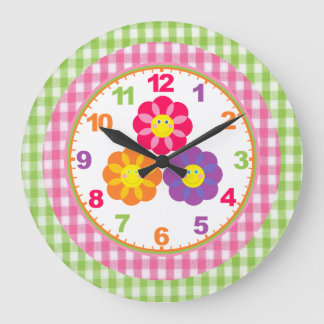 ガールズギンガムフラワークロックと数字 ラージ壁時計