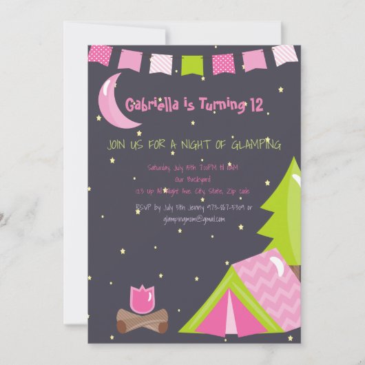ガールズグランピング/キャンピングアウト誕生日パーティー 招待状 (正面)