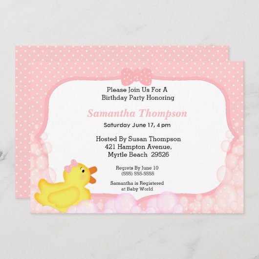 ガールズゴムダッキー(アヒルちゃん)バースデーパーティ招待状 招待状 (正面/裏面)