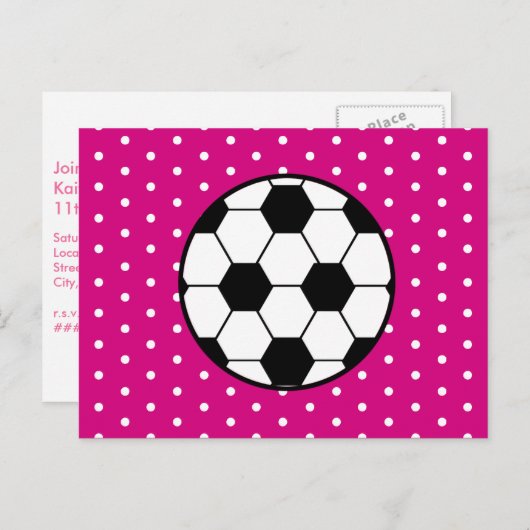 ガールズサッカー誕生日はがき招待状 – ピンク インビテーションポストカード (正面/裏面)