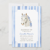 ガールズサドルアップ名門私立校風のポニーホースストライプ誕生日 招待状 (正面)