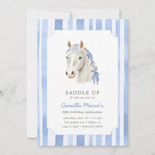 ガールズサドルアップ名門私立校風のポニーホースストライプ誕生日 招待状 (正面)