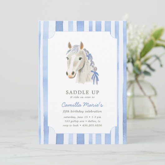 ガールズサドルアップ名門私立校風のポニーホースストライプ誕生日 招待状 (スタンド正面)